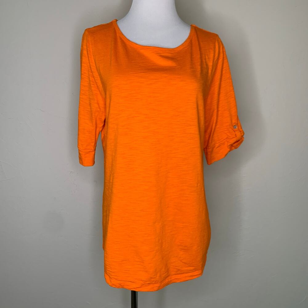 Chico's The Ultimate Tee Orange Sz 1 Medium Roll Tab Sleeve